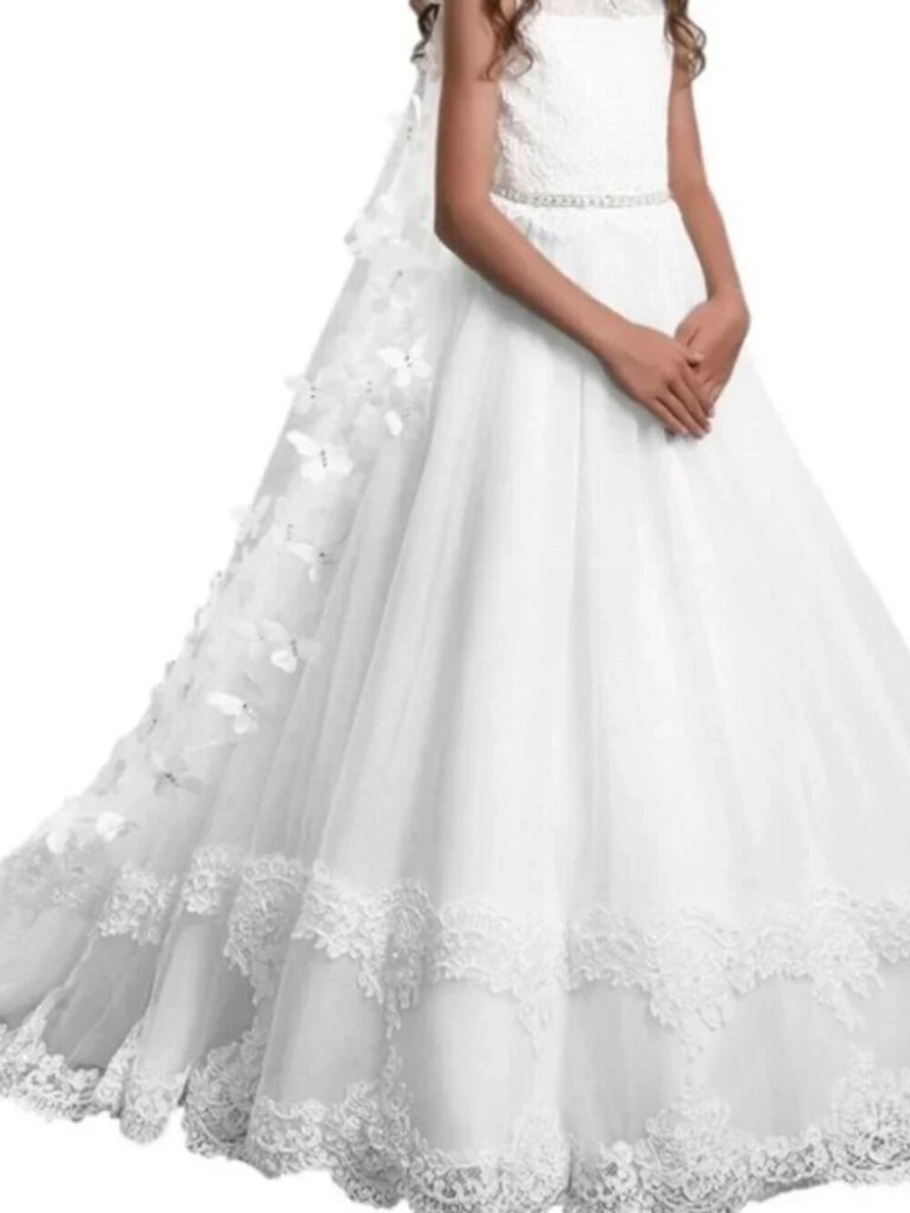 Communion White Lace Flower Girl Dress Butterfly Cape with Bow Size 12 - Picture 3 of 13